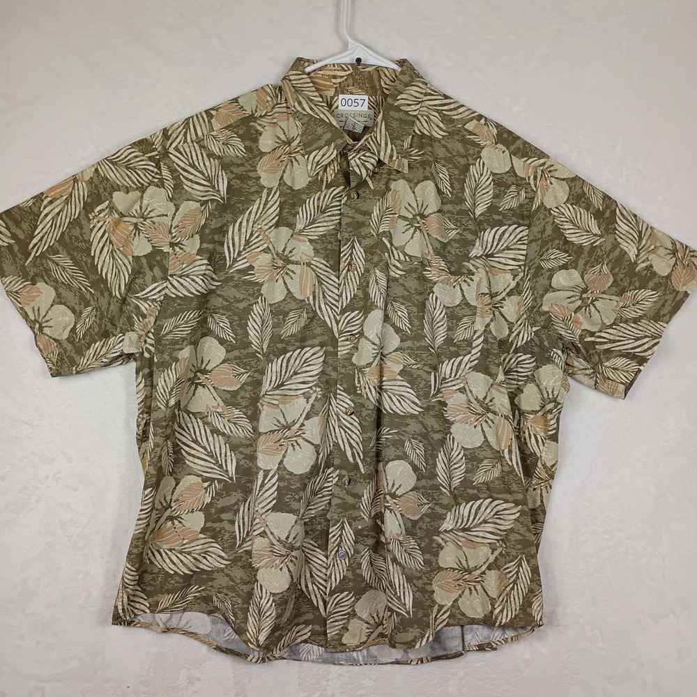 Crossings Mens XXL Tropical Hibiscus Palm Leaf Button Down Shirt Olive Cotton